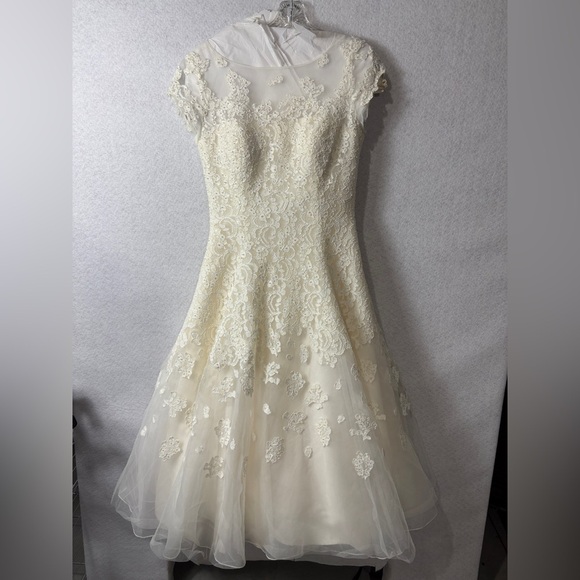 Oleg Cassini Dresses & Skirts - Ivory Lace A-Line Dress with Sheer Cap Sleeves